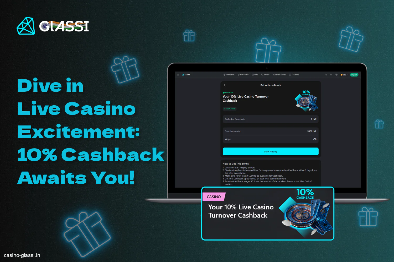 Glassi Casino's 10% cashback in the live casino allows players in India to earn bonus funds for active play